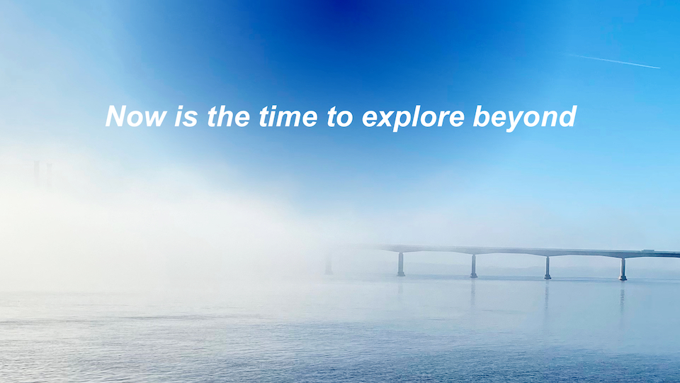 The road leading into the fog covered Severn bridge.