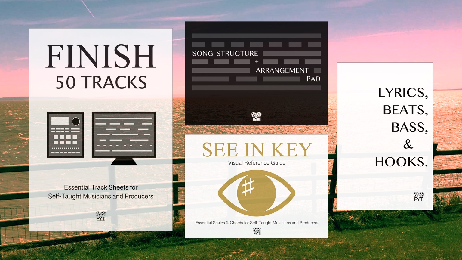 A collection of our books floating above the water